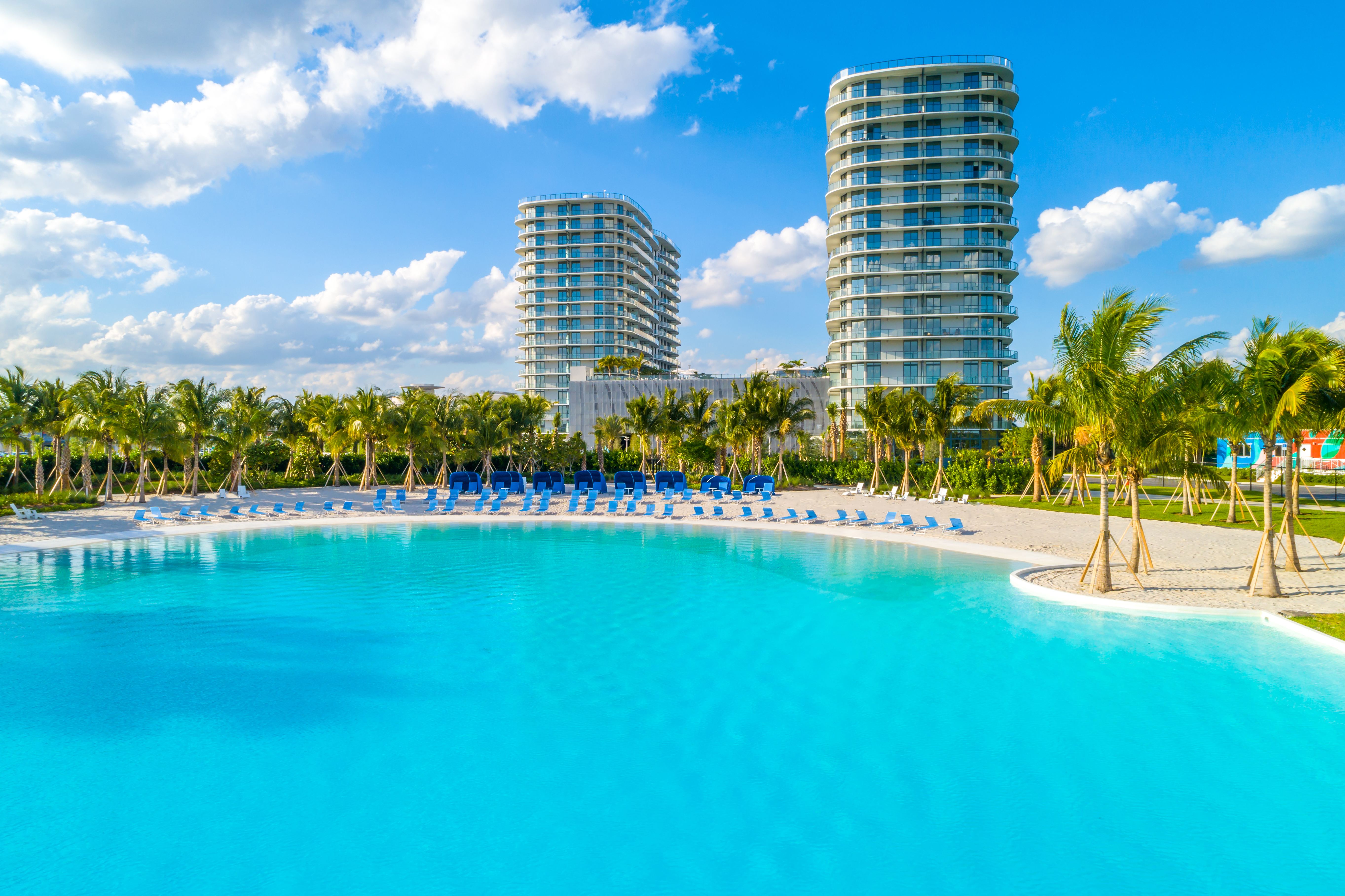 A large swimming pool with lounge chairs and palm trees in the background.